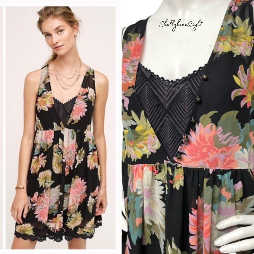 ANTHROPOLOGIE Maeve Violetta Floral Babydoll Dress Embroidered Slip S